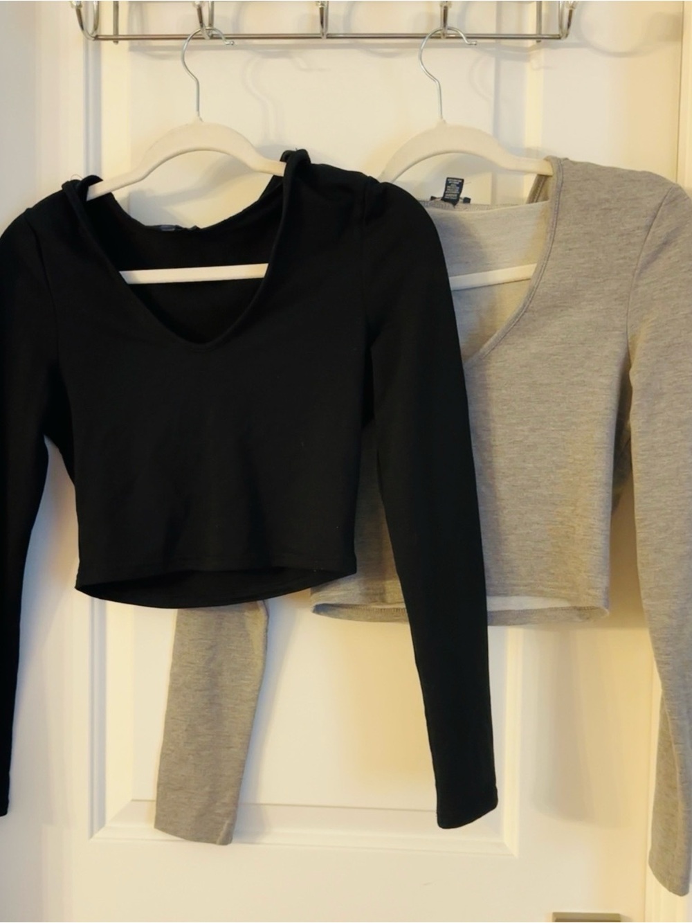 UK2LA Long-Sleeve V-Neck Crop Top Duo — Black & Gray
